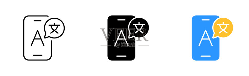 翻译器图标集:智能手机、语言、交流、词汇、语音、在线、教育、App、语音气泡。交流概念。矢量线性图标,不同风格图标素材