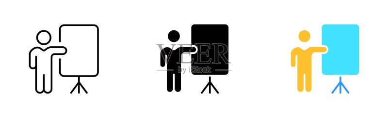扬声器图标集:演讲、辩论、展示、讲台、人物、提问、回答、专家、团队、工作、板,商业概念,不同风格的矢量线条图标图标素材