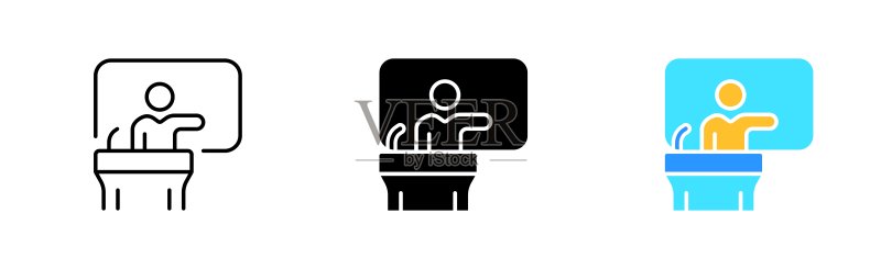 扬声器图标集:辩论、采访、演讲台、提问、回答、专家、团队、商务概念矢量线性图标图标素材