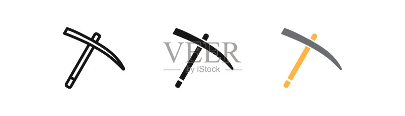 镐图标。矿工符号。镐的标志。工作工具符号。考古学图标。黑色和黄色。矢量标志。图标素材