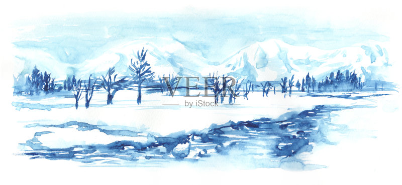 水彩雪景河流插画插画图片素材