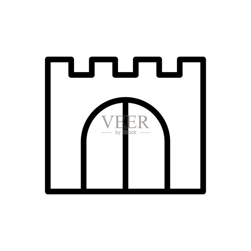 城堡大门图标,黑色轮廓线性剪影,正面视图,可编辑笔触,矢量扁平插画,白色背景孤立对象图标素材