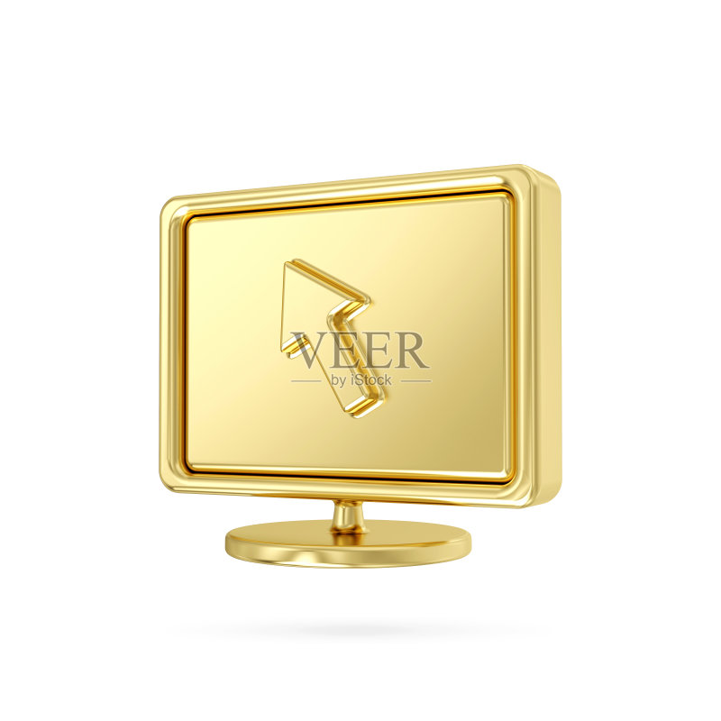 金色金属电脑显示器点击光标图标。带有光标鼠标的3D金色电脑屏幕,3D渲染图标素材