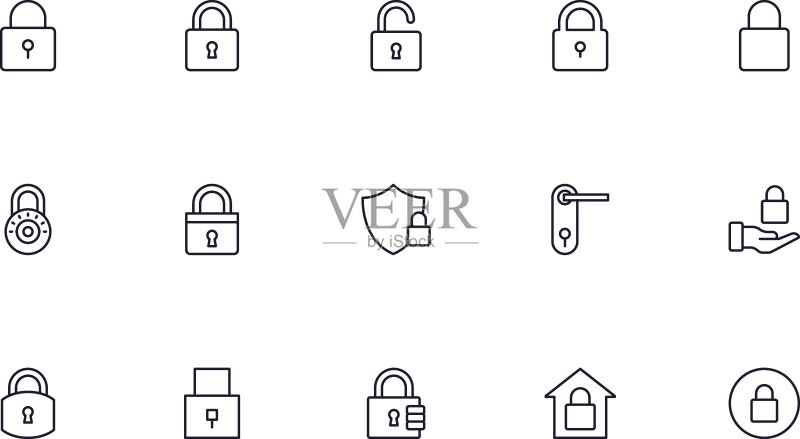 现代锁具轮廓图标素材合集:适用于移动App、网站、宣传单、banner等(白色背景,优质标志)图标素材