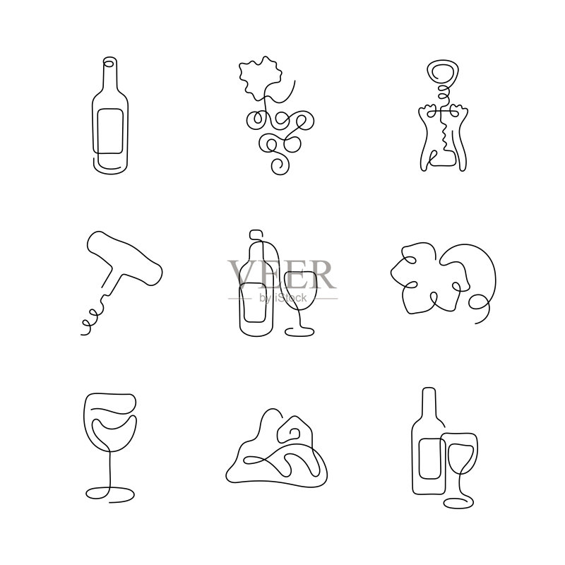 葡萄酒艺术风格连续线条图标图标素材