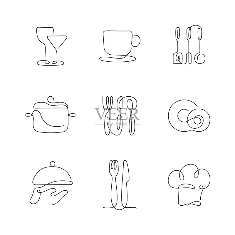 餐厅厨房用具艺术风格连续线条图标图标素材