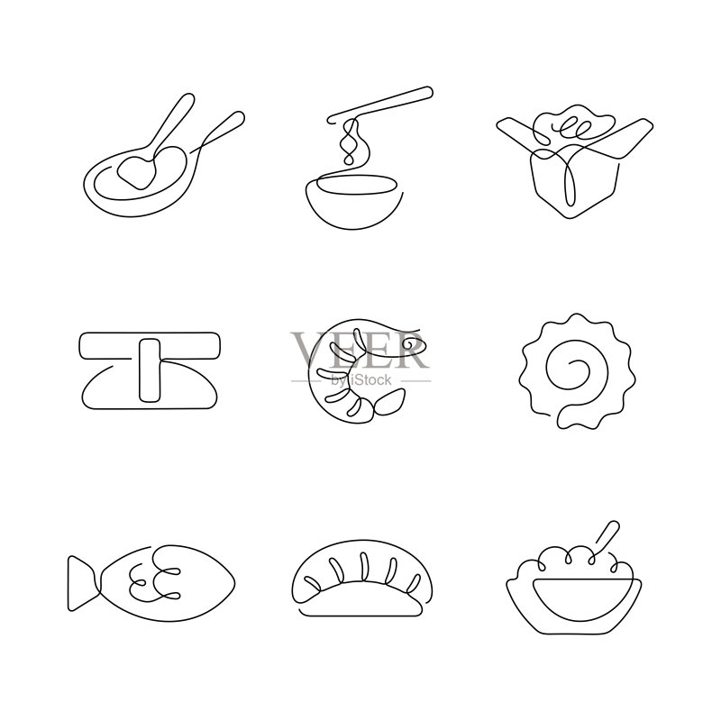 亚洲美食艺术风格连续线条图标图标素材