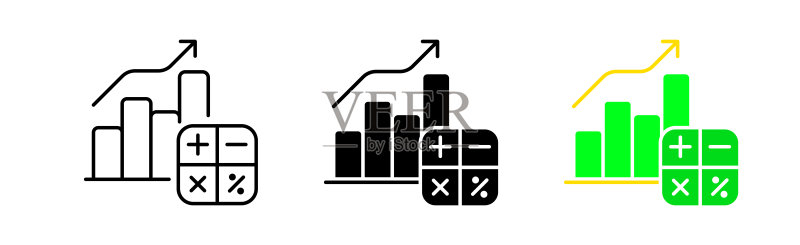 带计算器线图标的图表。折线图、趋势、利润、增长、放大镜、箭头、贸易、销售、股票、价格。矢量线型、黑色和彩色图标图标素材