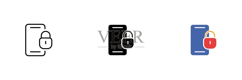 带有锁的电话图标。个人信息安全、手机锁定、解锁、黑客攻击。线条风格、黑色和彩色风格图标矢量素材,白色背景图标素材