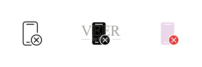 带有十字的电话图标,破损、堵塞、故障、黑客攻击,线条、黑色和彩色风格的矢量图标集,独立于白色背景图标素材
