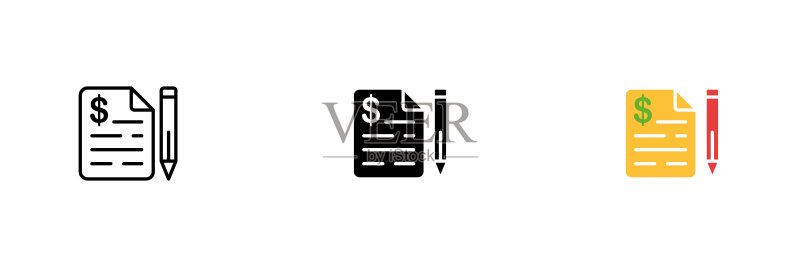 带有美元和铅笔的文件图标:支付、支票、薪水、汇款。线条、黑色和彩色风格的矢量图标集,在白色背景上隔离。图标素材