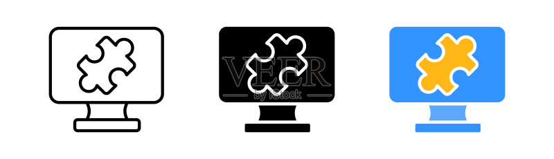 拼图套装图标:已拼和未拼的拼图,带剪贴板的拼图,难题概念。矢量线性图标,黑白和彩色风格,白色背景图标素材