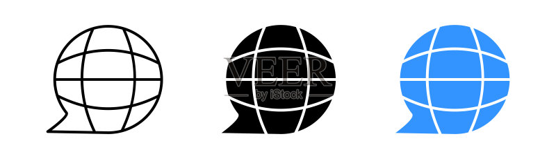 地球仪图标:世界、地理、行星、轨道、轴、地球卫星、地球、球体、太空。地形概念。白色背景上的线条、黑色和彩色风格矢量图标图标素材