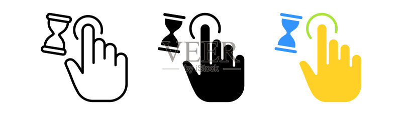 触摸按压图标:手指、缩小、放大、接近、滚动、点击、箭头、传感器、沙漏。白色背景上的线性、黑色和彩色矢量图标图标素材