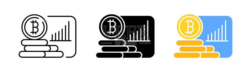比特币图标集。分析、货币、加密货币、钱袋、云存储、网站、交易。白色背景上的线条、黑色和彩色风格矢量图标图标素材
