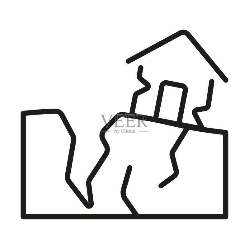 地震房屋破损线条样式图标。地震保险轮廓矢量图图标素材