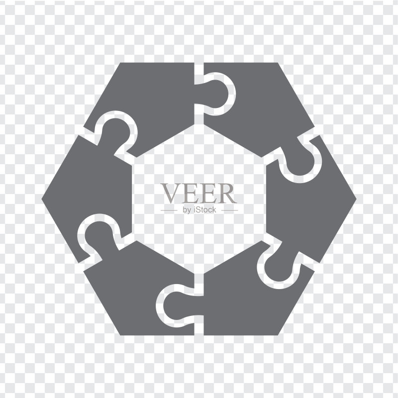 灰色简约图标六边形拼图,含六元素透明背景,适用于网页设计、APP、UI,EPS10图标素材