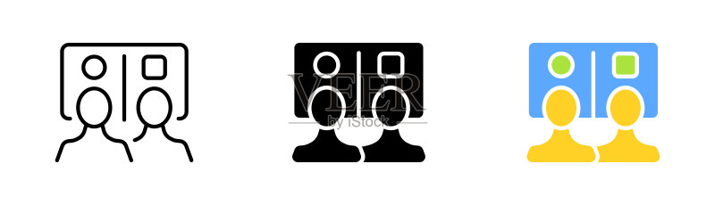 工作流程图标集:问卷、表格、三颗心、档案、医疗卡、徽章、约会App、人际关系、简历。白色背景上的线条、黑色和彩色矢量图标图标素材