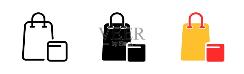 购物线条图标:评估、销售、折扣、购买、票务、定价策略、距离、市场、买家、商务、收入。白色背景上的黑色和彩色矢量线条图标图标素材