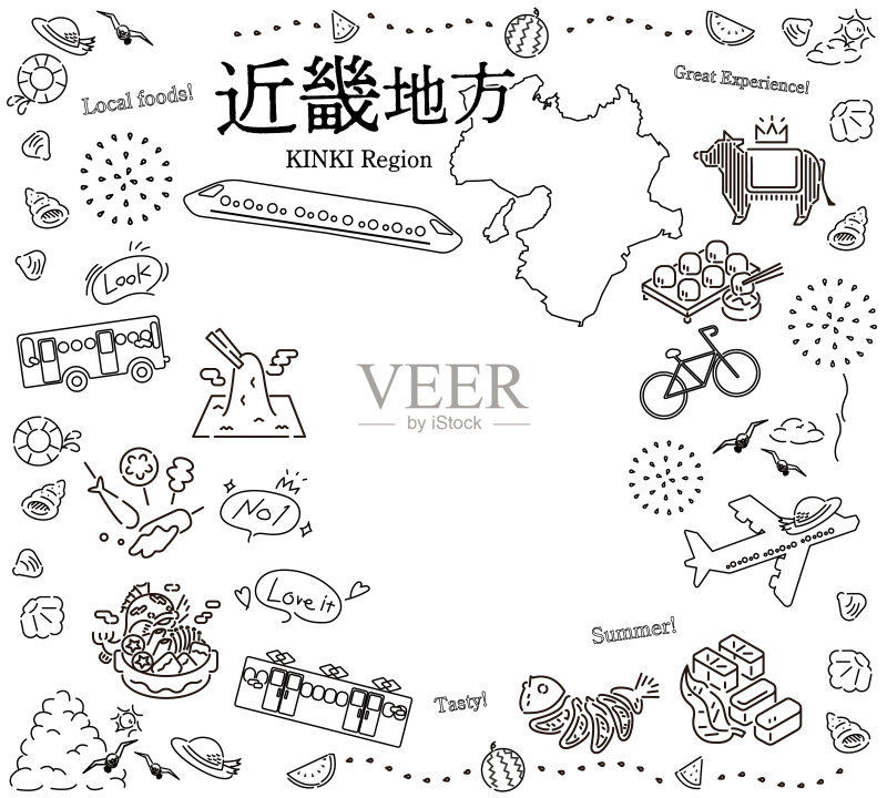 日本近畿地区夏季美食旅游图标合集(黑白线条画)插画图片素材