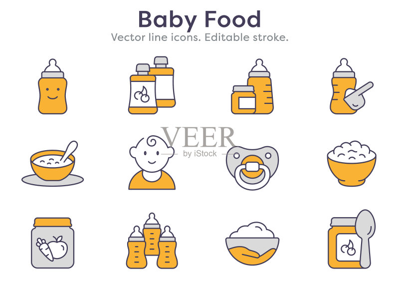 婴儿食品线性图标,如奶瓶、勺子、罐子图标素材