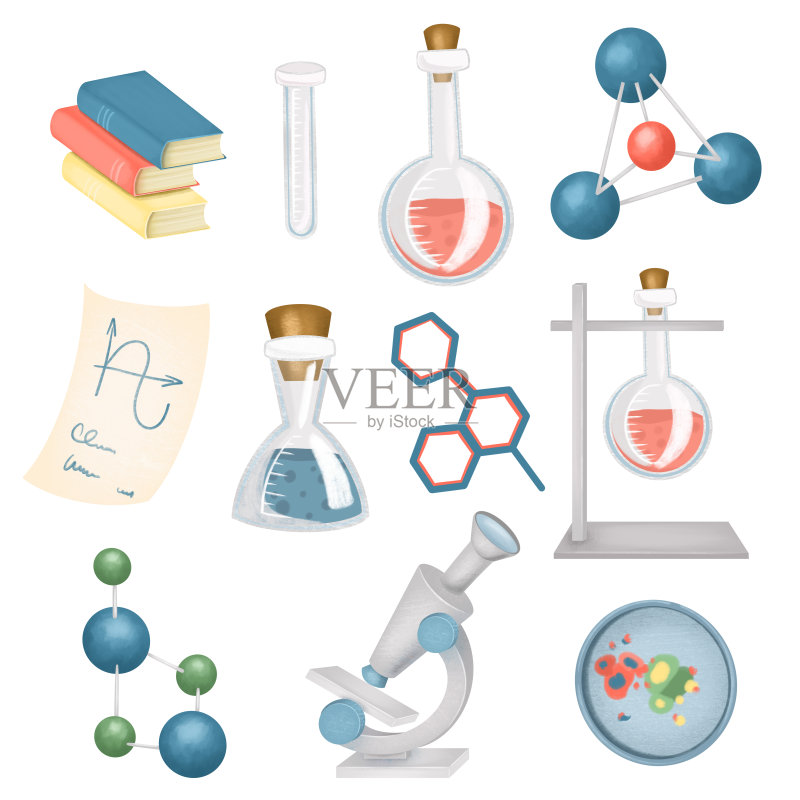 科学主题图形元素合集(医学、生物学、化学、物理学),白色背景上的科学图标,科学剪贴画图标素材