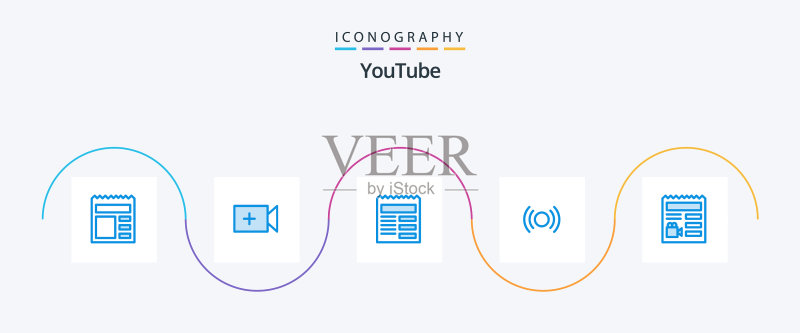 YouTube蓝色5图标包,包括基本UX文本图标素材