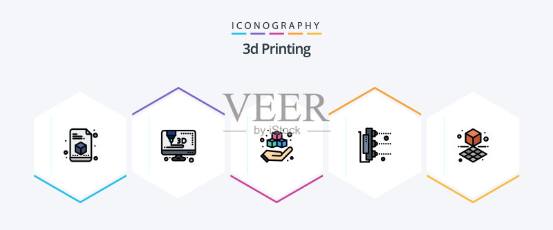 包含25个填充线条图标的3D打印包图标素材