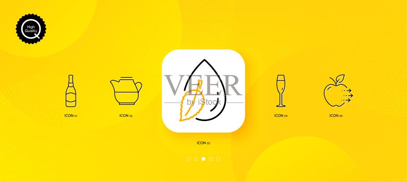 水滴、香槟酒杯和啤酒瓶极简线条图标。适用于Web应用程序、印刷。矢量图标素材