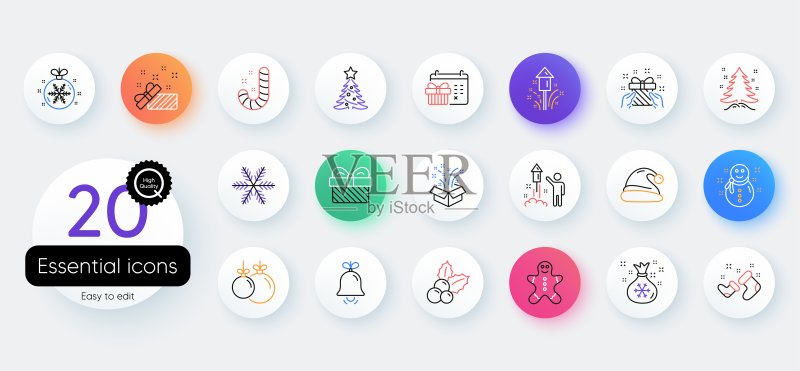 圣诞线条图标圣诞帽、姜饼人和礼品盒矢量图图标素材
