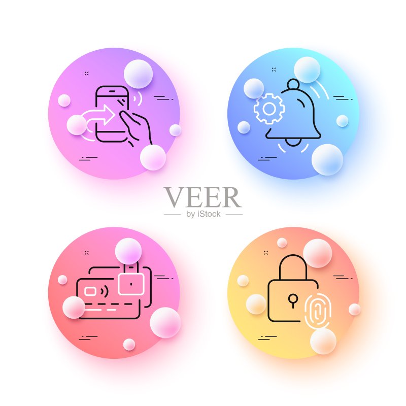 指纹锁、通知铃和共享呼叫极简线条图标。适用于Web应用程序、印刷。矢量图图标素材