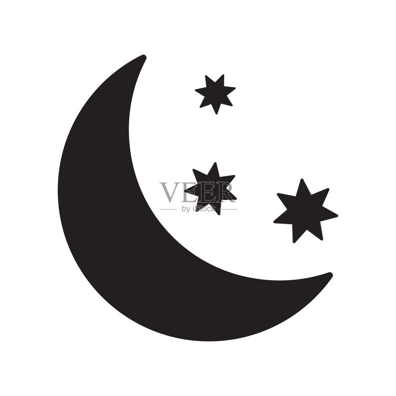 白色背景上的新月与星星图标。夜晚图标。新月图标。简约风格。图标素材