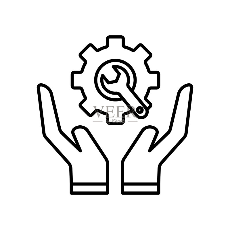 安全工具图标。带有齿轮的手。与工具相关的图标。轮廓图标样式。简单的矢量设计可编辑警告图标与齿轮。与工具相关的图标。轮廓图标样式。简单的矢量设计可编辑图标素材