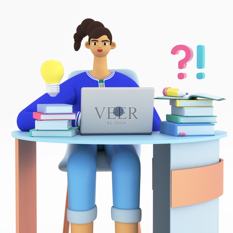 在家学习和做作业的年轻女子,在线教育理念3D渲染插图照片摄影图片