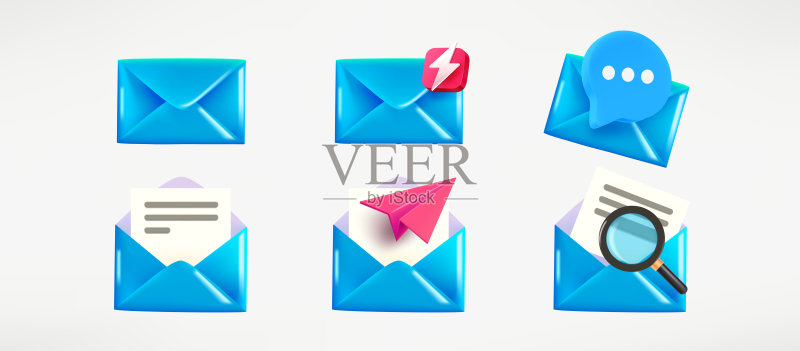 打开和关闭的各式蓝色信封。在白色背景下隔离的3D矢量剪贴画图标素材