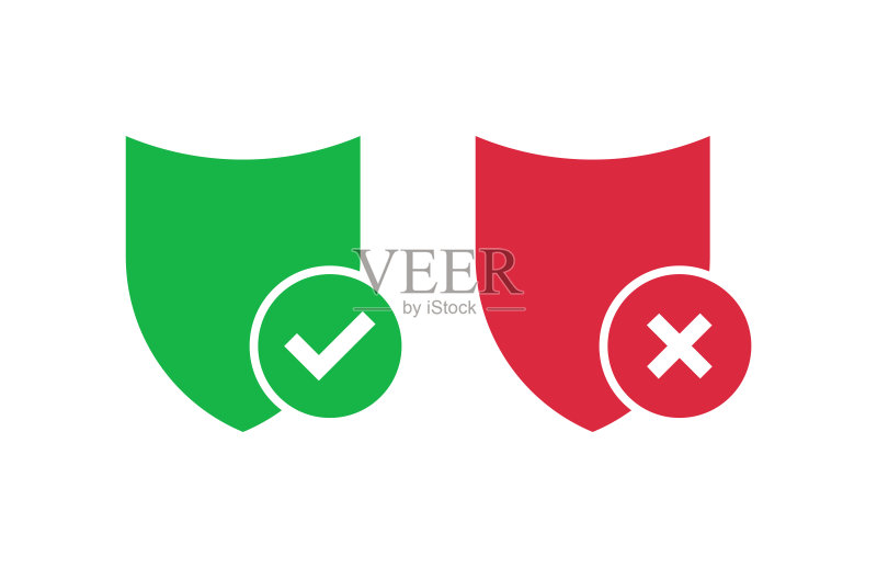 带有勾号和叉号图标的绿色和红色盾牌图标素材