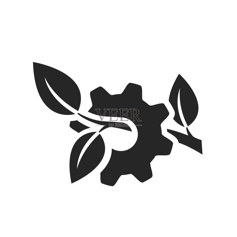 生态技术图标:树枝上的机械齿轮,环保与工业标志图标素材