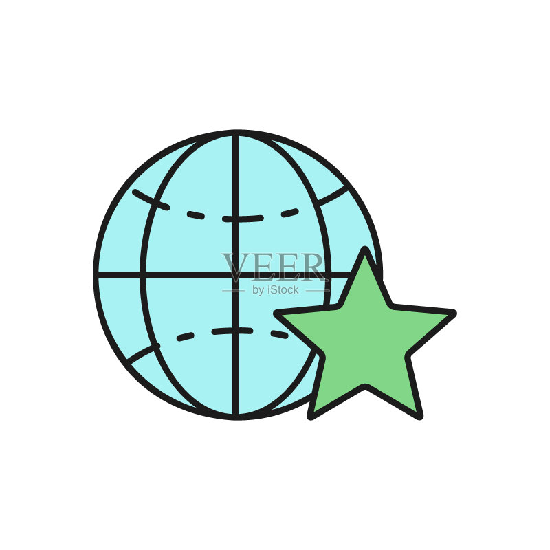 带有星星的地球仪线性图标:全球技术与社交网络图标素材
