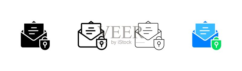 邮件保护线性图标。信封、锁、信件、安全、邮件、通信、隐私。通信概念。矢量线性图标,白色背景上的黑色和彩色样式图标素材