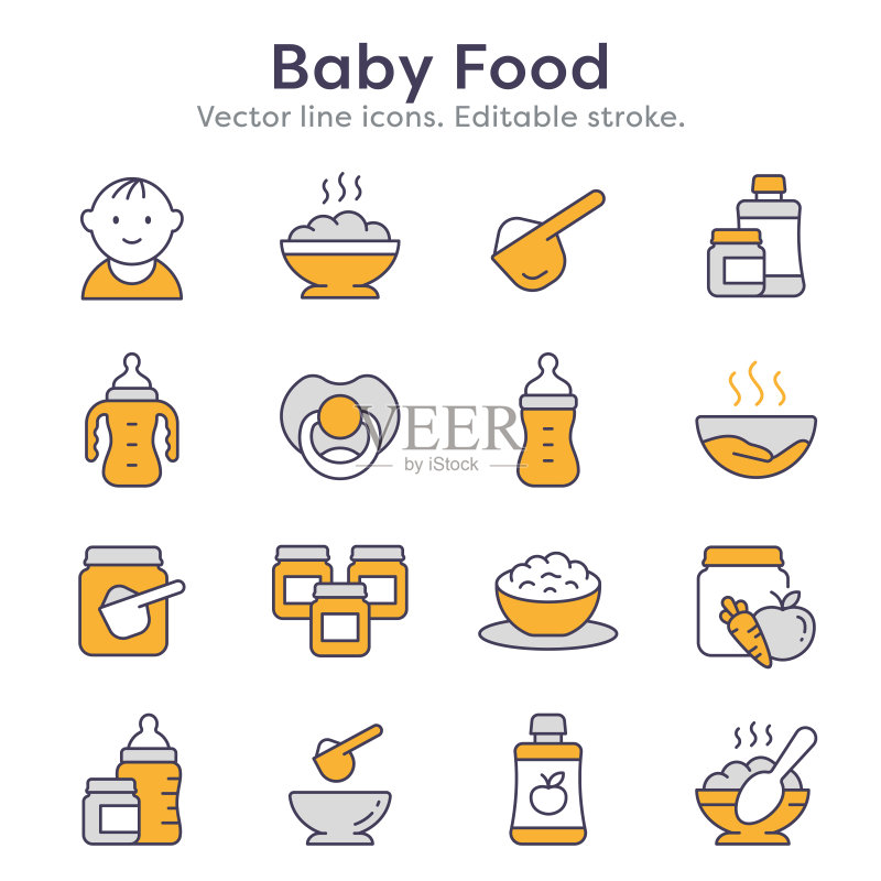婴儿食品线性图标,如奶瓶、营养品、罐子、奶粉、粥等,可编辑描边图标素材