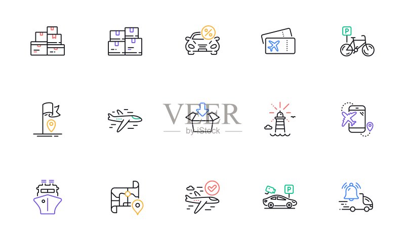 网站印刷用批发商品、旗帜和轮船线性图标。设计用。矢量图标素材