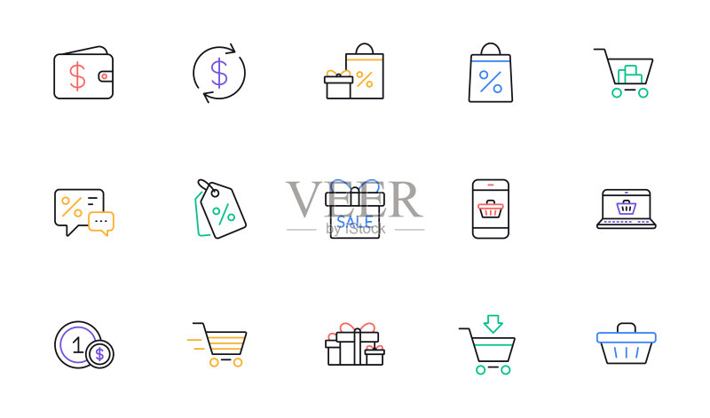 购物线性图标:礼品、百分号和促销折扣。线性图标集。矢量图标素材