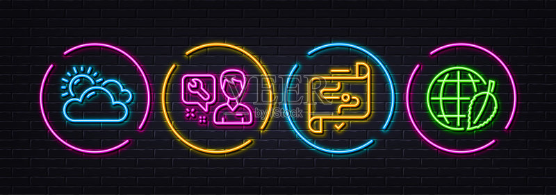 目标路径,晴朗天气和维修人员极简线条图标,适用于Web应用程序、印刷,霓虹灯激光3D灯矢量图图标素材