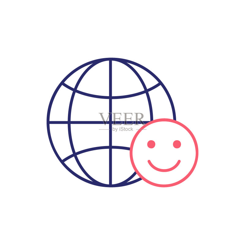 带有笑脸的地球仪,人类地球日轮廓彩色图标。全球技术、互联网、社交网络符号设计。图标素材