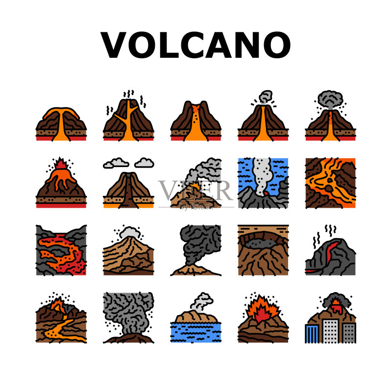 火山熔岩喷发自然图标矢量图集图标素材