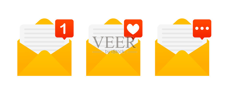 Gmail信封图标集,带新邮件标记。电子邮件通知,移动应用和网站通知矢量图图标素材