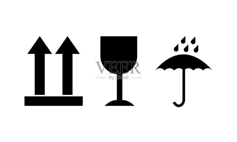 向上、易碎、防潮、小心搬运标志。包装符号集。雨伞。纸板箱符号。带有警告图标的包裹。矢量图。EPS 10。图标素材