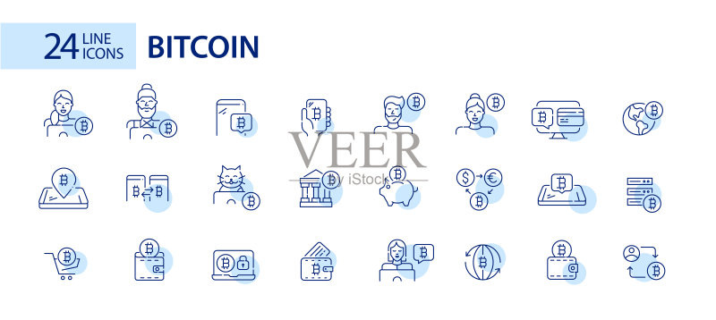 24个比特币图标:全球加密货币应用,现代技术虚拟金融工具,像素完美可编辑描边图标素材