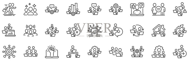 团队合作线性图标:在家工作,在线办公,远程办公矢量图图标素材