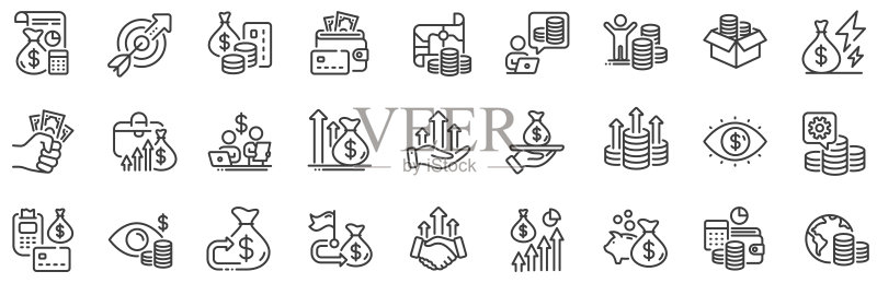 金融线性图标:会计硬币、预算投资、贸易策略等,金融管理,预算收益矢量素材图标素材